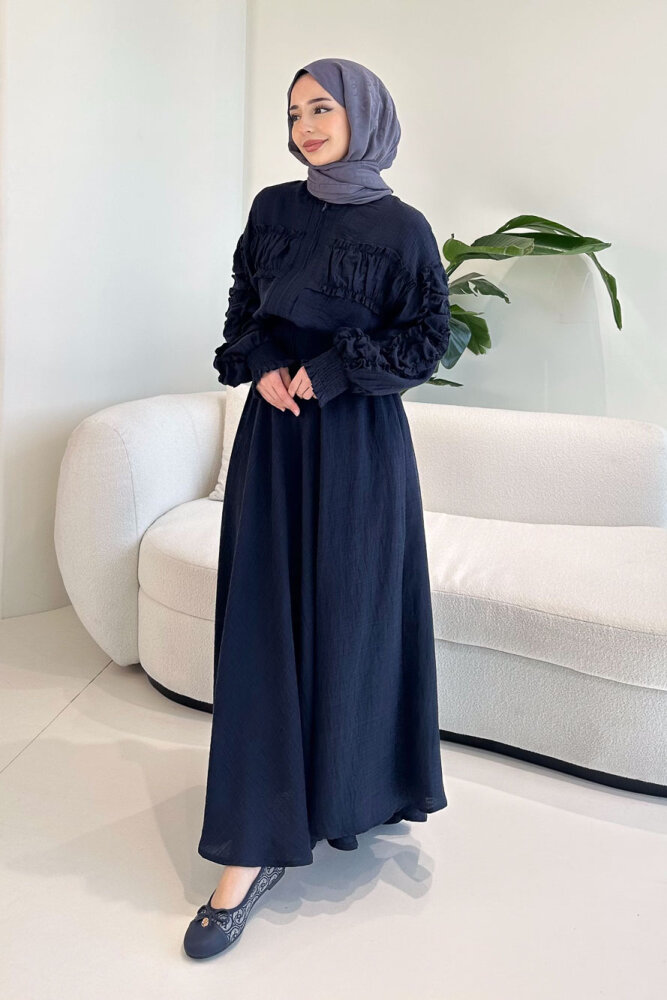 Fermuarlı Büzgü Detaylı Müslin Etek Takım - Lacivert - 2