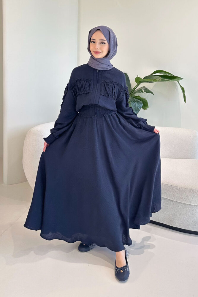 Fermuarlı Büzgü Detaylı Müslin Etek Takım - Lacivert - 1