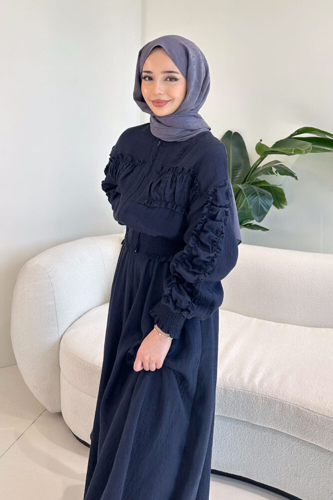 Fermuarlı Büzgü Detaylı Müslin Etek Takım - Lacivert - 4