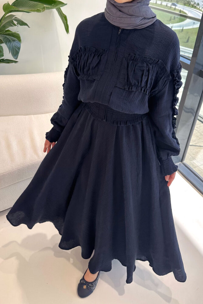 Fermuarlı Büzgü Detaylı Müslin Etek Takım - Lacivert - HEWES (2)