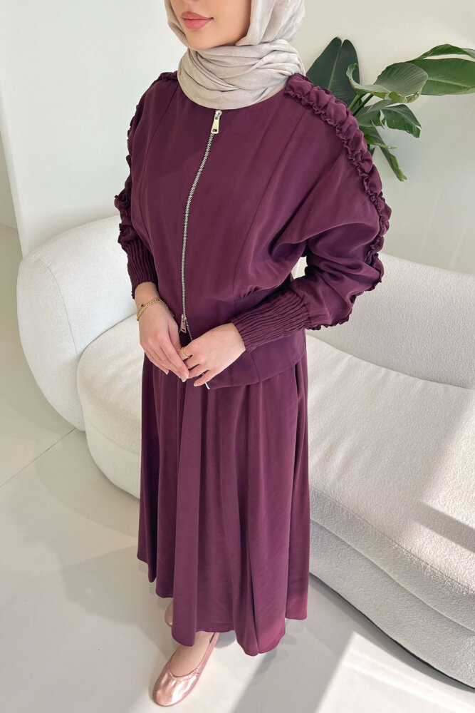 Fermuarlı Büzgü Kol Etekli Takım - Bordo - 4