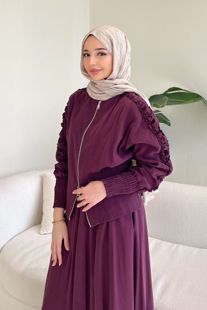 Fermuarlı Büzgü Kol Etekli Takım - Bordo - QUB (4)