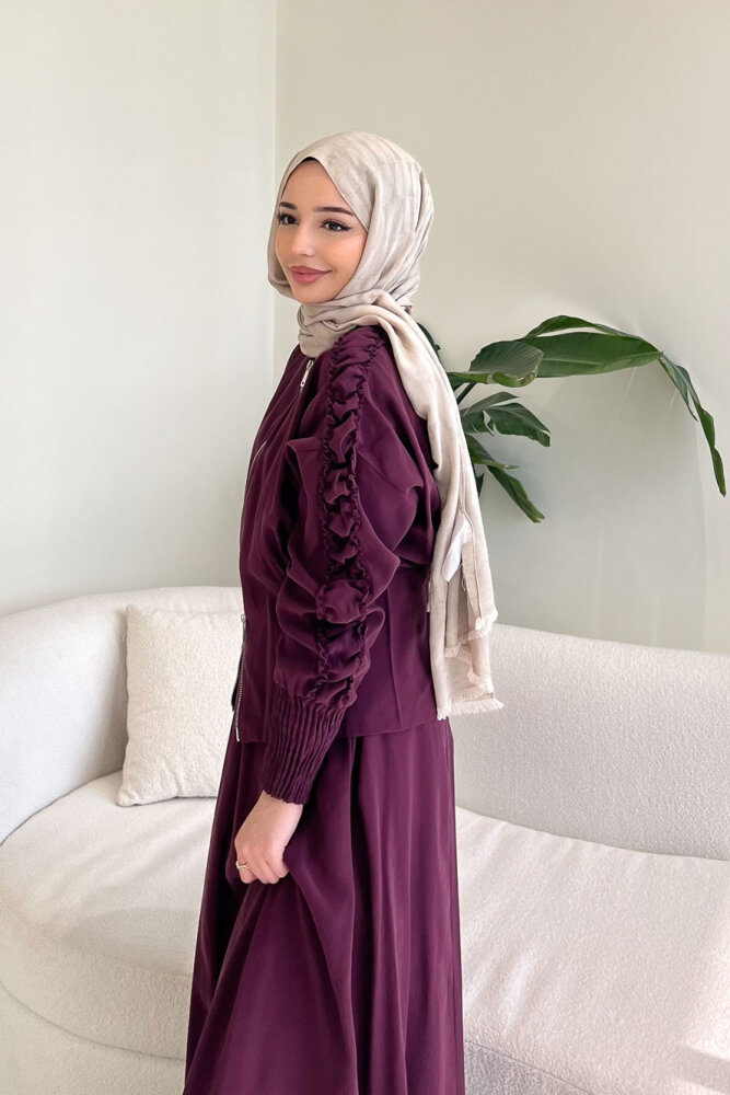 Fermuarlı Büzgü Kol Etekli Takım - Bordo - 3