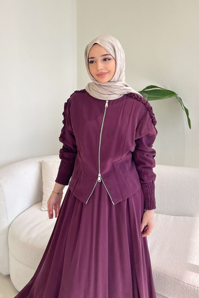 Fermuarlı Büzgü Kol Etekli Takım - Bordo - 7