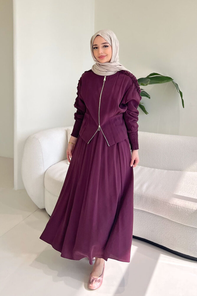 Fermuarlı Büzgü Kol Etekli Takım - Bordo - 2