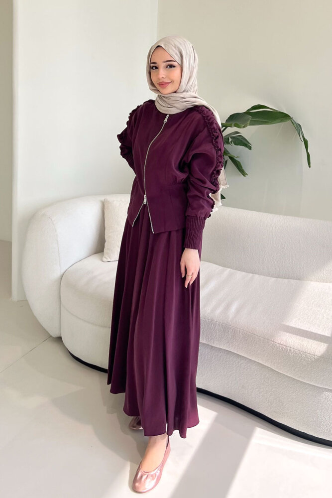 Fermuarlı Büzgü Kol Etekli Takım - Bordo - 6