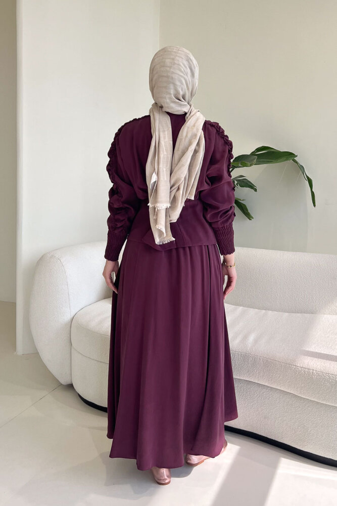 Fermuarlı Büzgü Kol Etekli Takım - Bordo - 8