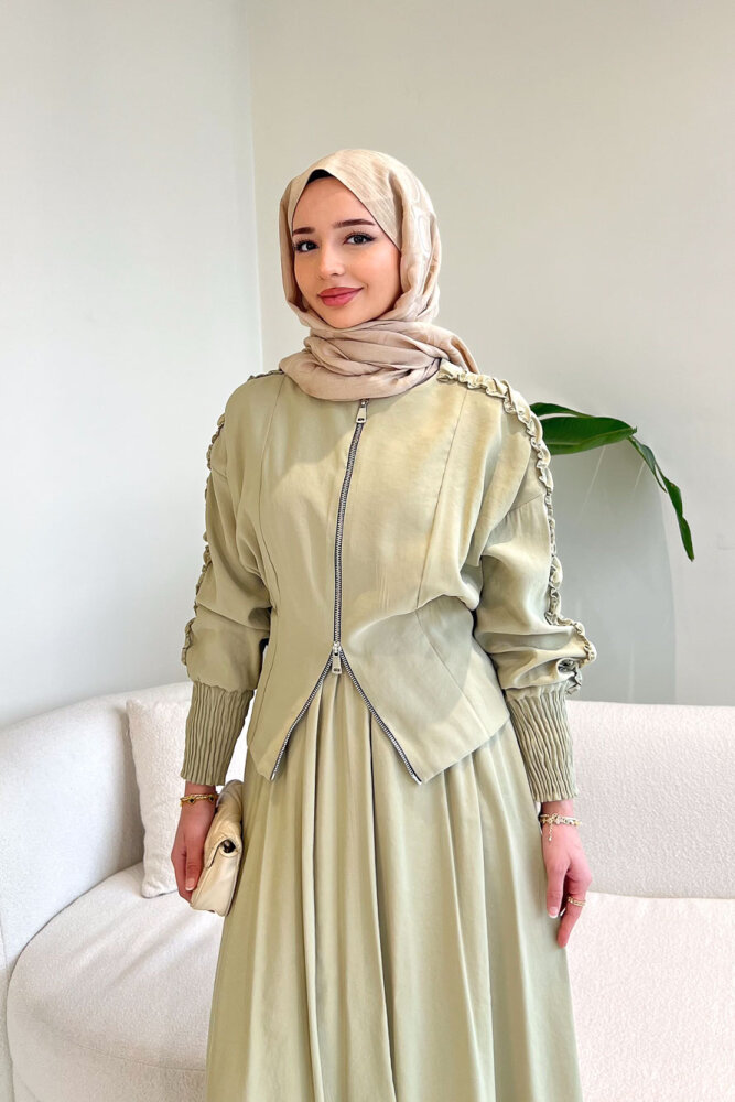 Fermuarlı Büzgü Kol Etekli Takım - Küf Yeşili - QUB (4)