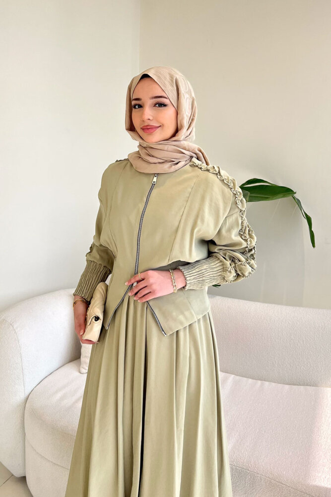 Fermuarlı Büzgü Kol Etekli Takım - Küf Yeşili - 2