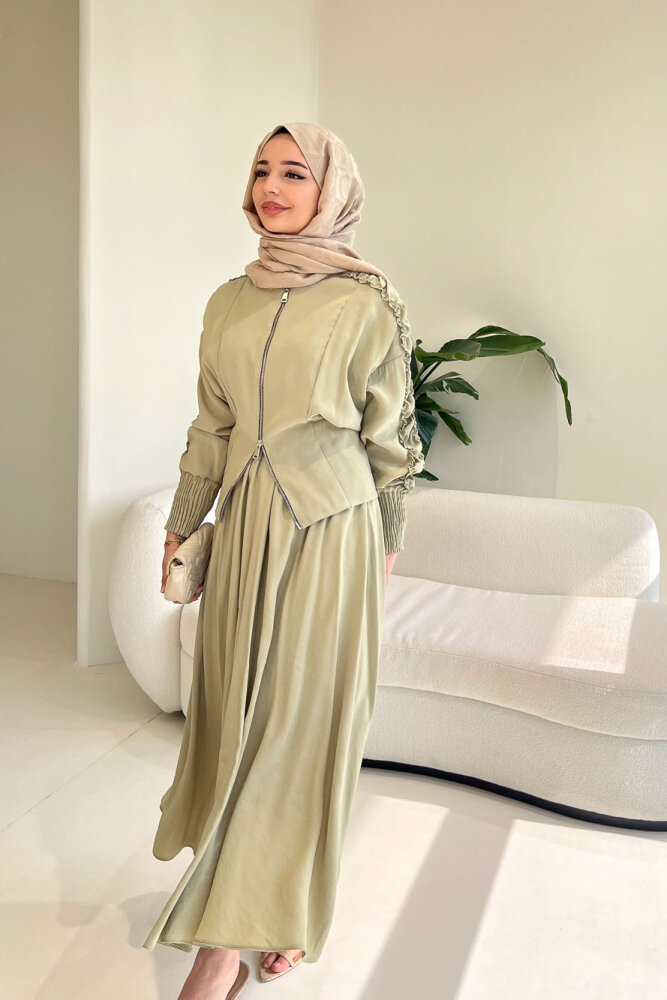 Fermuarlı Büzgü Kol Etekli Takım - Küf Yeşili - 4