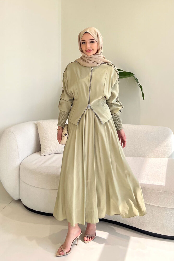 Fermuarlı Büzgü Kol Etekli Takım - Küf Yeşili - 1