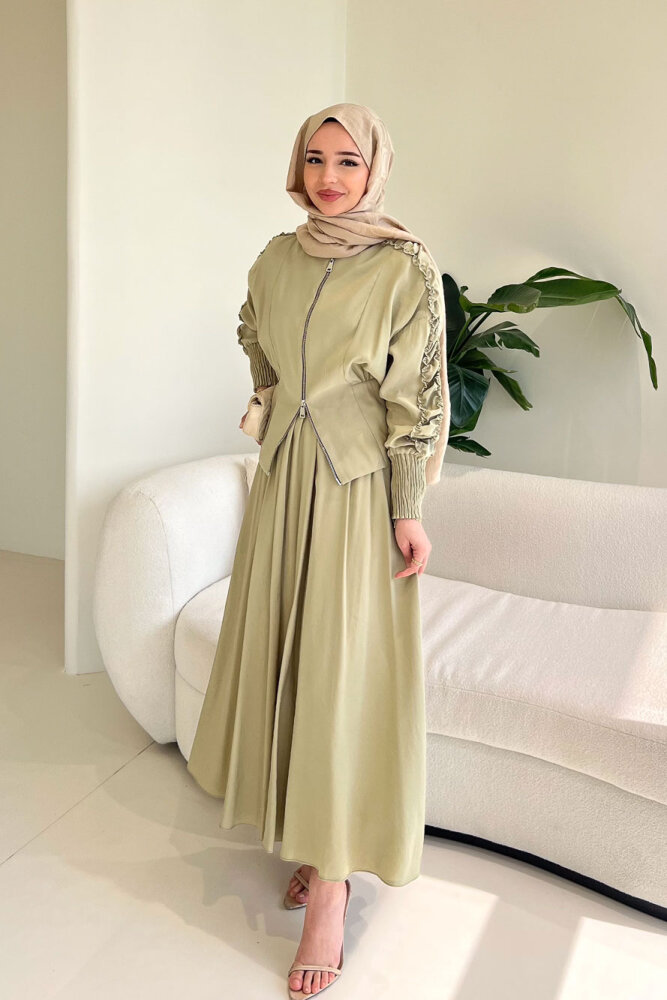 Fermuarlı Büzgü Kol Etekli Takım - Küf Yeşili - 6