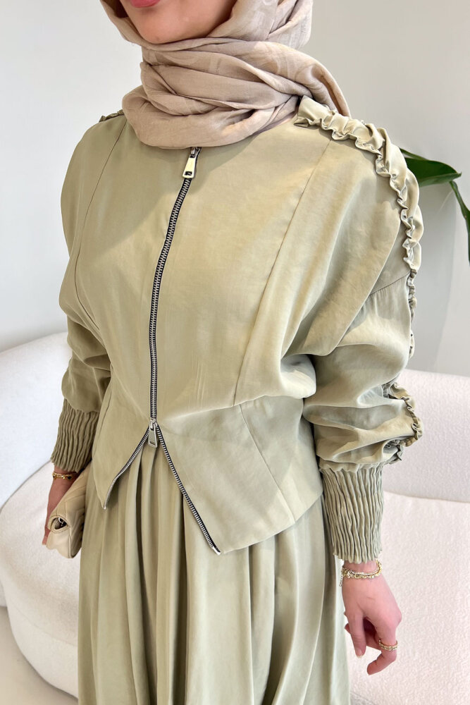 Fermuarlı Büzgü Kol Etekli Takım - Küf Yeşili - 7