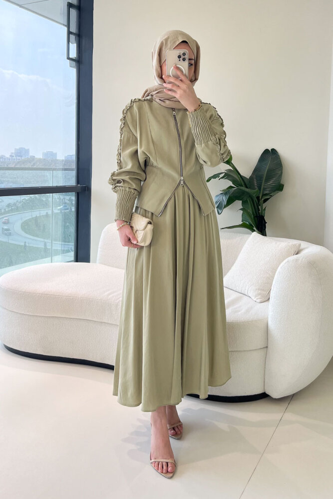 Fermuarlı Büzgü Kol Etekli Takım - Küf Yeşili - 8