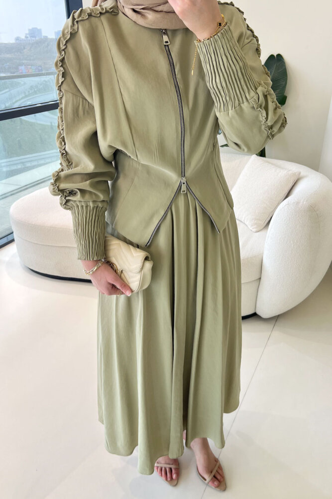 Fermuarlı Büzgü Kol Etekli Takım - Küf Yeşili - 10