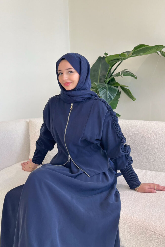 Fermuarlı Büzgü Kol Etekli Takım - Lacivert - QUB (4)