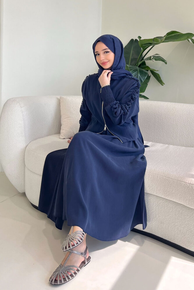 Fermuarlı Büzgü Kol Etekli Takım - Lacivert - QUB (1)
