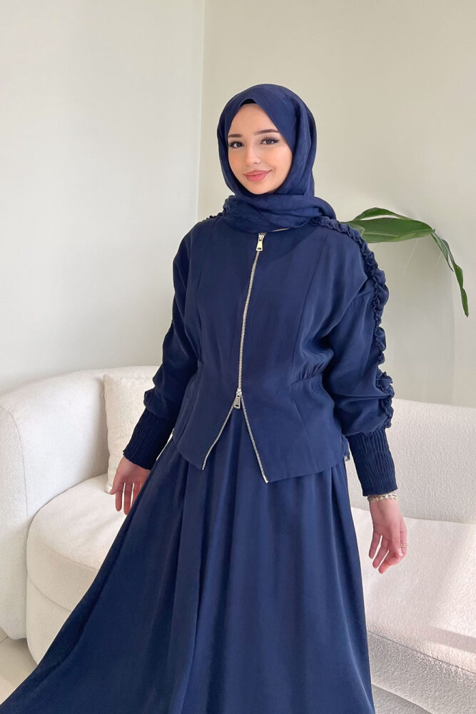 Fermuarlı Büzgü Kol Etekli Takım - Lacivert - 7