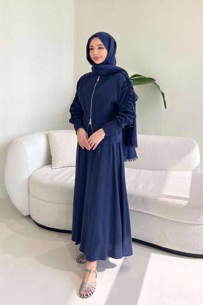 Fermuarlı Büzgü Kol Etekli Takım - Lacivert - QUB (2)