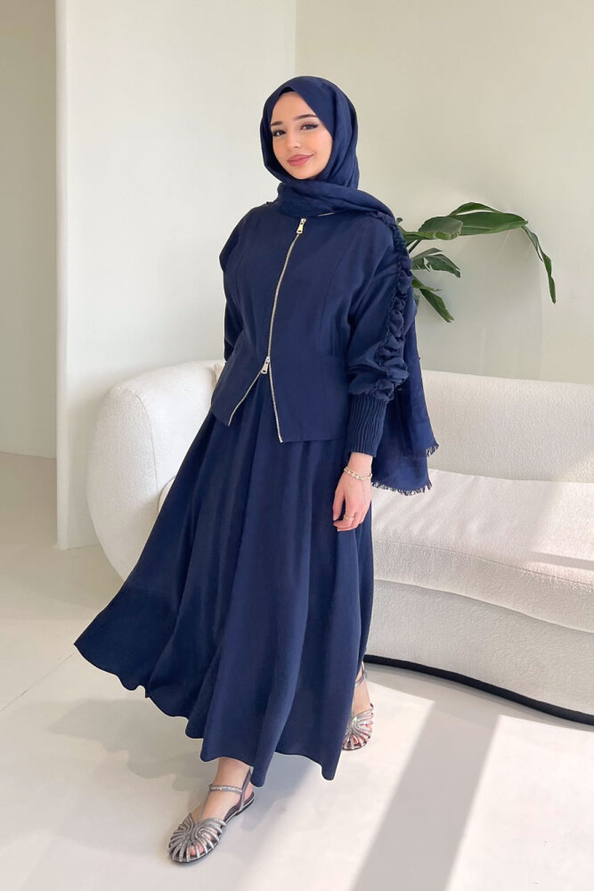 Fermuarlı Büzgü Kol Etekli Takım - Lacivert - QUB (5)