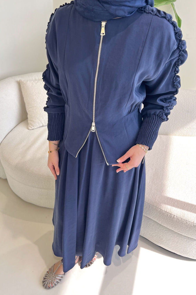 Fermuarlı Büzgü Kol Etekli Takım - Lacivert - QUB (3)