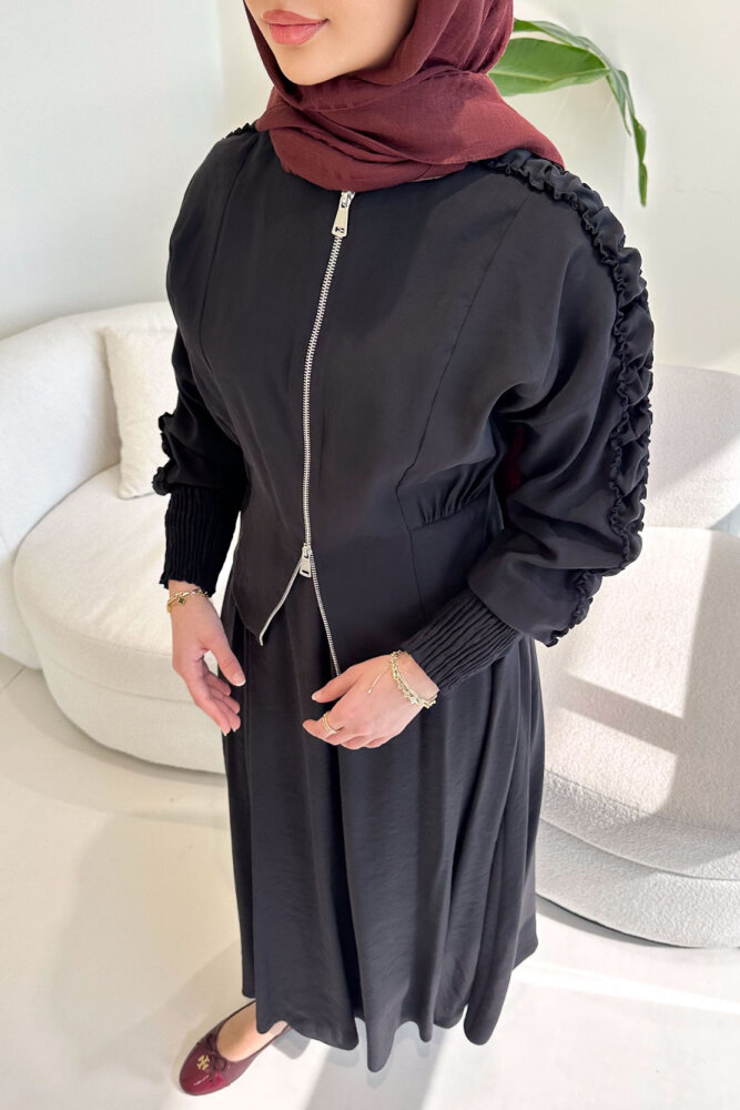 Fermuarlı Büzgü Kol Etekli Takım - Siyah - QUB (1)