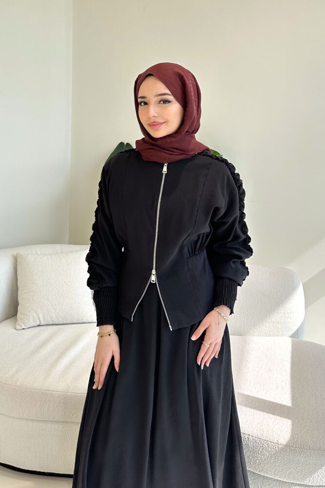 Fermuarlı Büzgü Kol Etekli Takım - Siyah - 7