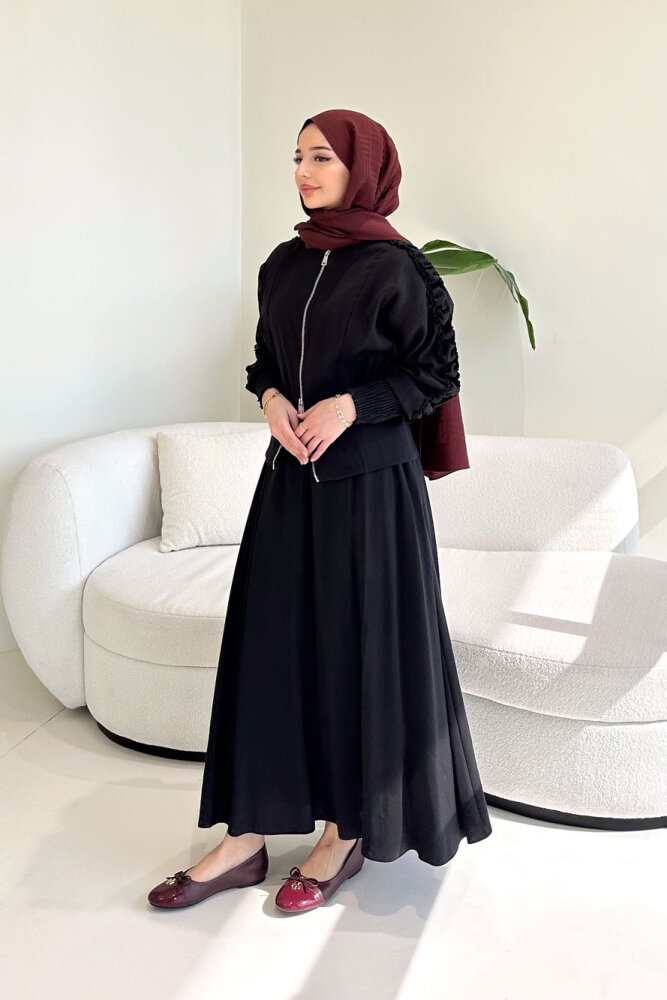Fermuarlı Büzgü Kol Etekli Takım - Siyah - 6