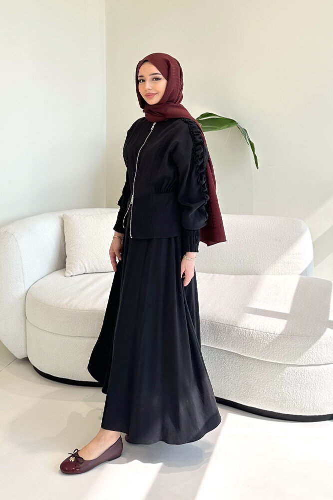 Fermuarlı Büzgü Kol Etekli Takım - Siyah - 1