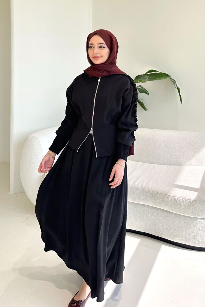 Fermuarlı Büzgü Kol Etekli Takım - Siyah - QUB (4)