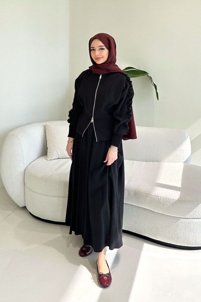 Fermuarlı Büzgü Kol Etekli Takım - Siyah - 3