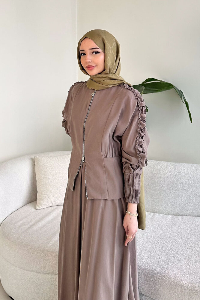 Fermuarlı Büzgü Kol Etekli Takım - Vizon - 2