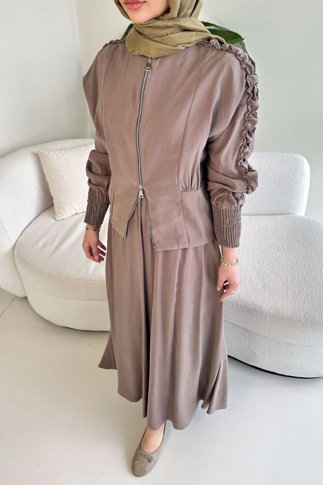 Fermuarlı Büzgü Kol Etekli Takım - Vizon - 7