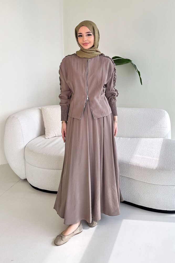 Fermuarlı Büzgü Kol Etekli Takım - Vizon - QUB (3)