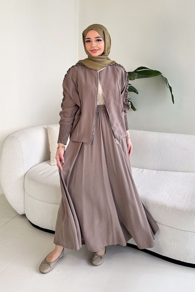 Fermuarlı Büzgü Kol Etekli Takım - Vizon - QUB (0)