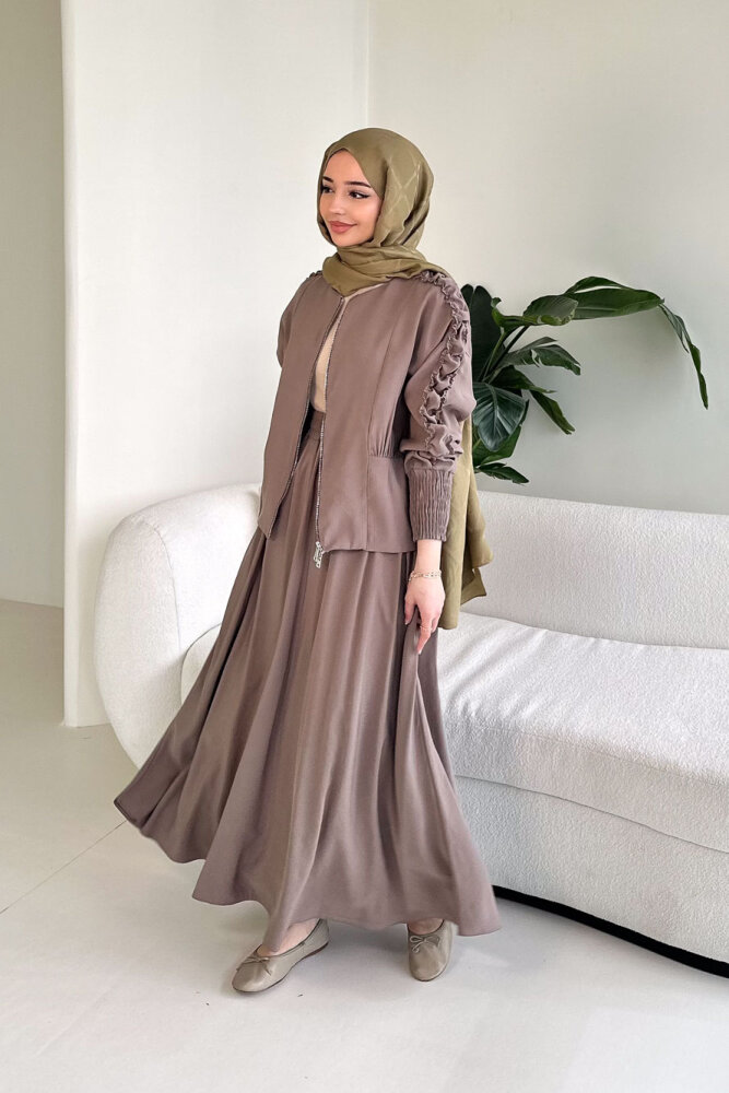 Fermuarlı Büzgü Kol Etekli Takım - Vizon - QUB (4)