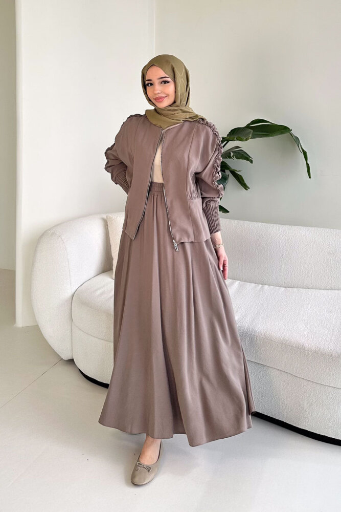 Fermuarlı Büzgü Kol Etekli Takım - Vizon - 6