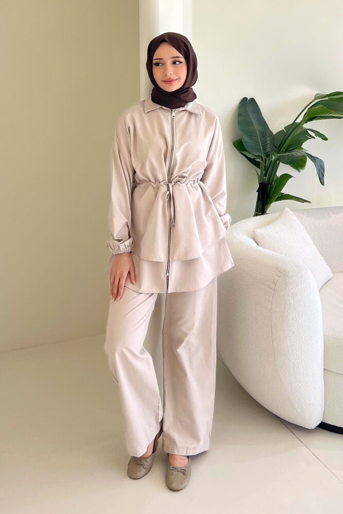 Fermuarlı Katlı Beli Büzgülü Pantolon Takım - Bej - QUB (2)