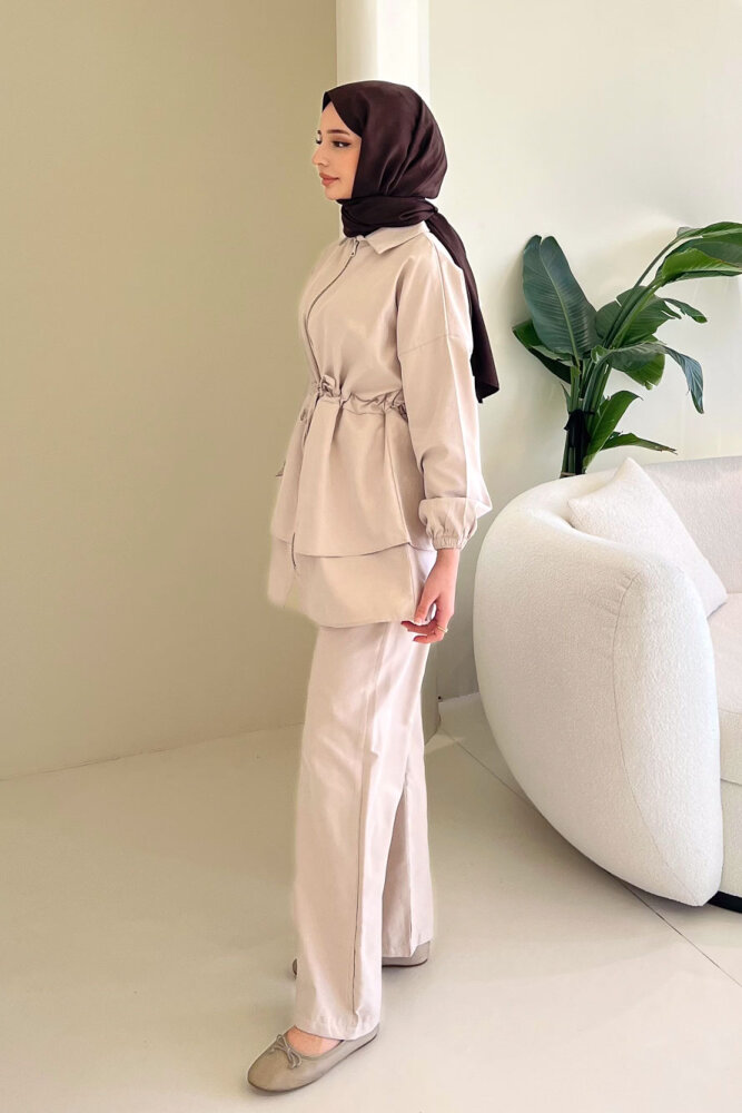 Fermuarlı Katlı Beli Büzgülü Pantolon Takım - Bej - QUB (4)
