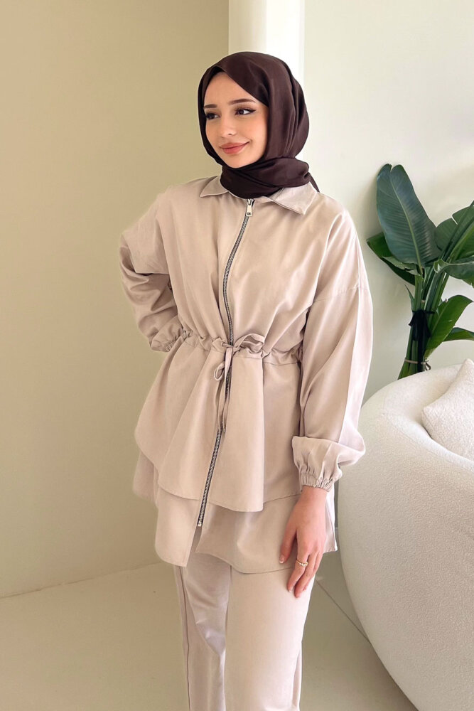 Fermuarlı Katlı Beli Büzgülü Pantolon Takım - Bej - QUB (5)