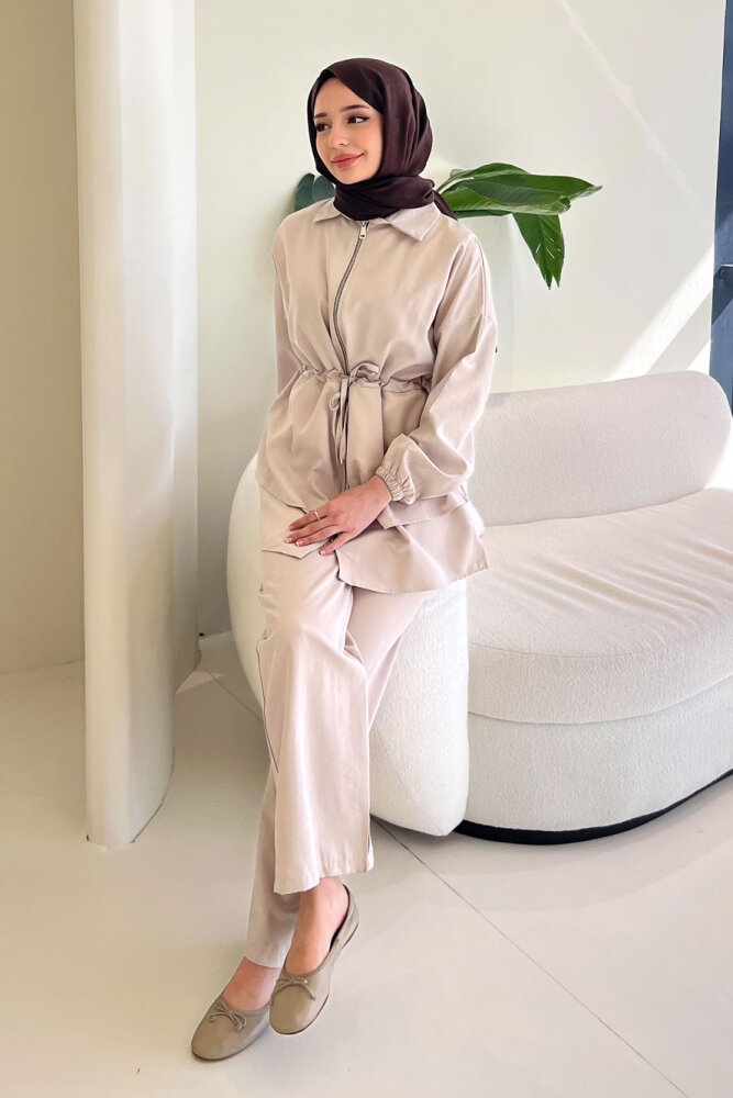 Fermuarlı Katlı Beli Büzgülü Pantolon Takım - Bej - QUB (1)