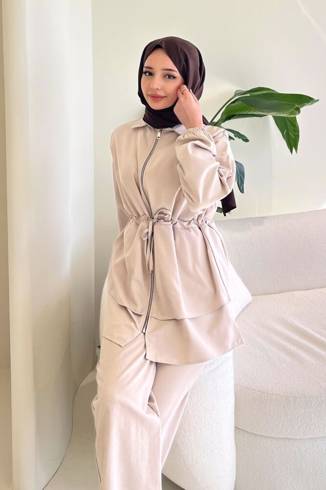 Fermuarlı Katlı Beli Büzgülü Pantolon Takım - Bej - QUB (3)