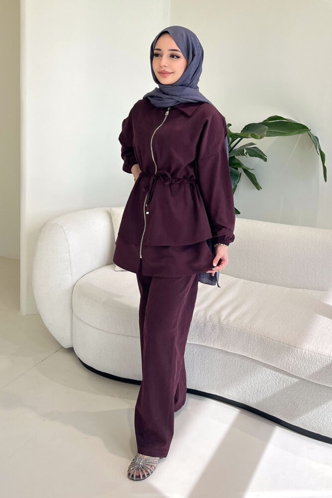 Fermuarlı Katlı Beli Büzgülü Pantolon Takım - Bordo - QUB (1)
