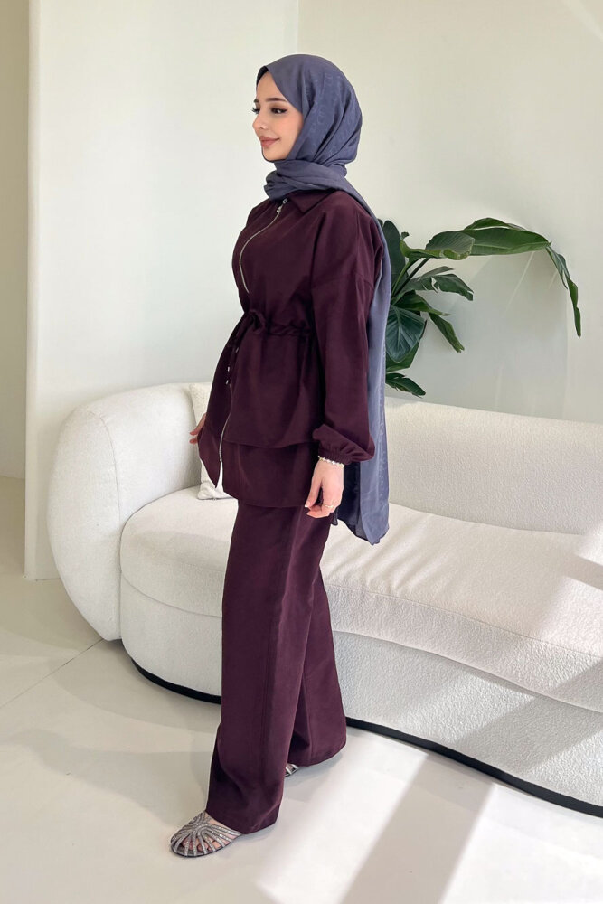 Fermuarlı Katlı Beli Büzgülü Pantolon Takım - Bordo - QUB (5)