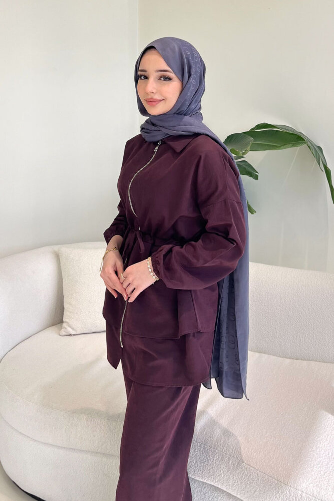 Fermuarlı Katlı Beli Büzgülü Pantolon Takım - Bordo - QUB (2)