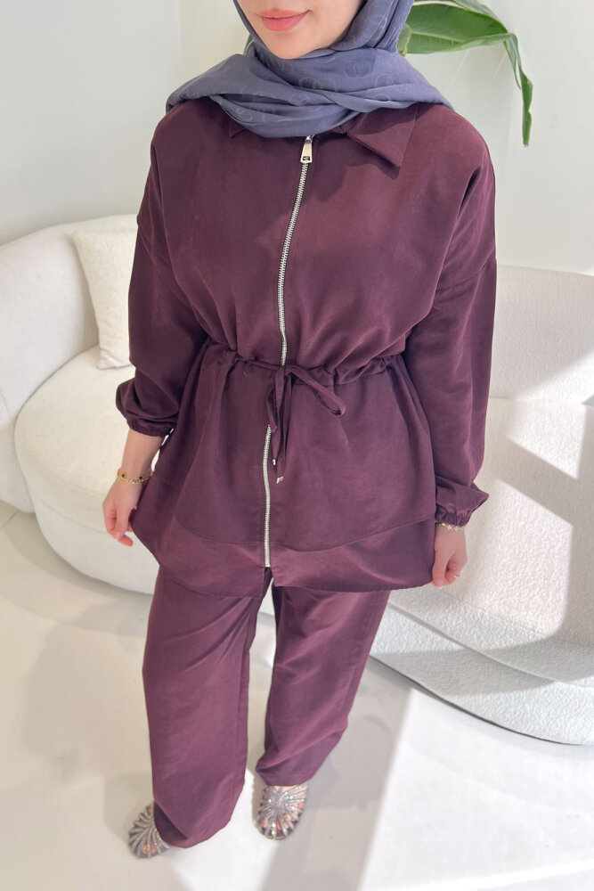 Fermuarlı Katlı Beli Büzgülü Pantolon Takım - Bordo - QUB (4)