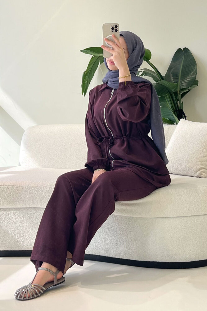 Fermuarlı Katlı Beli Büzgülü Pantolon Takım - Bordo - QUB (0)
