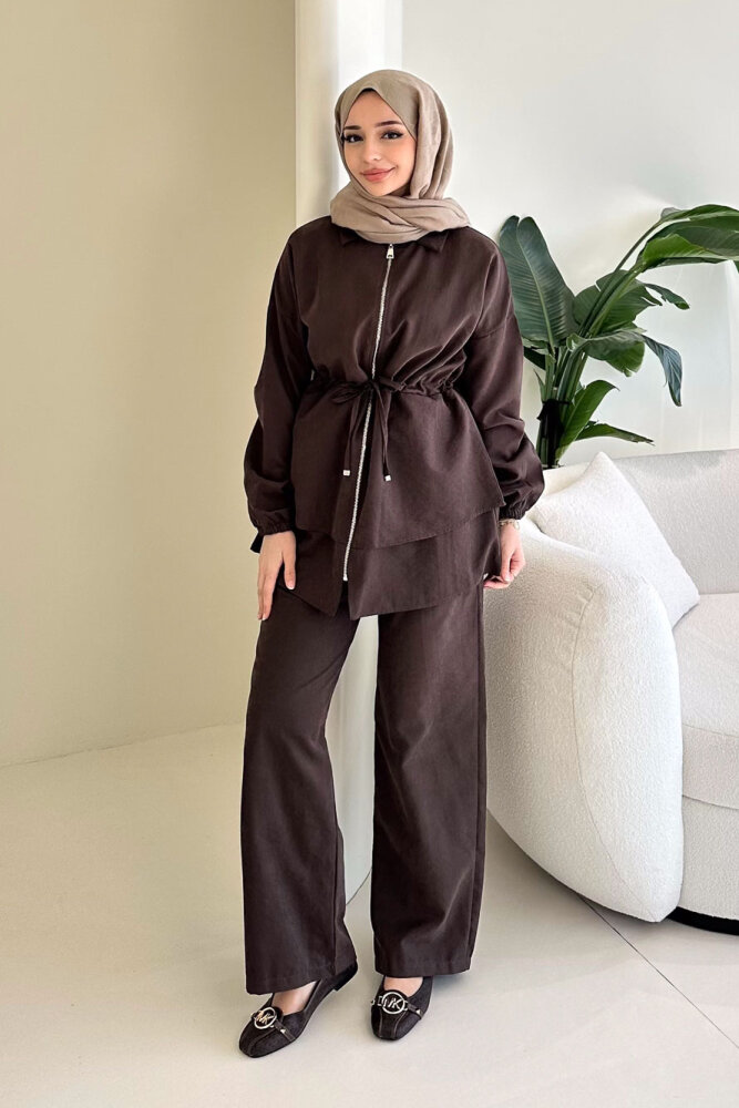 Fermuarlı Katlı Beli Büzgülü Pantolon Takım - Kahverengi - QUB (0)