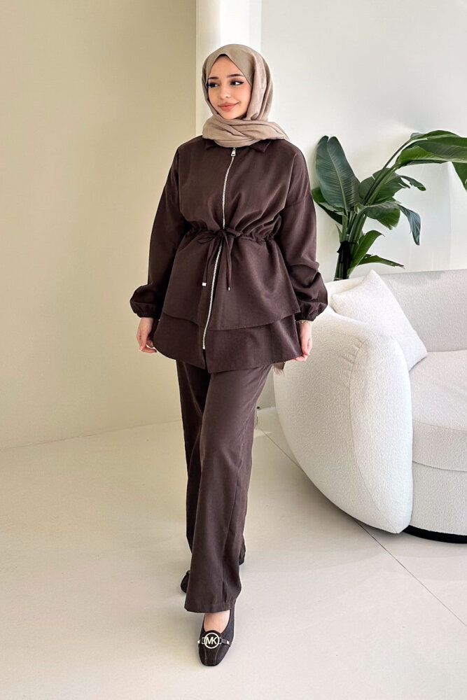 Fermuarlı Katlı Beli Büzgülü Pantolon Takım - Kahverengi - QUB (3)
