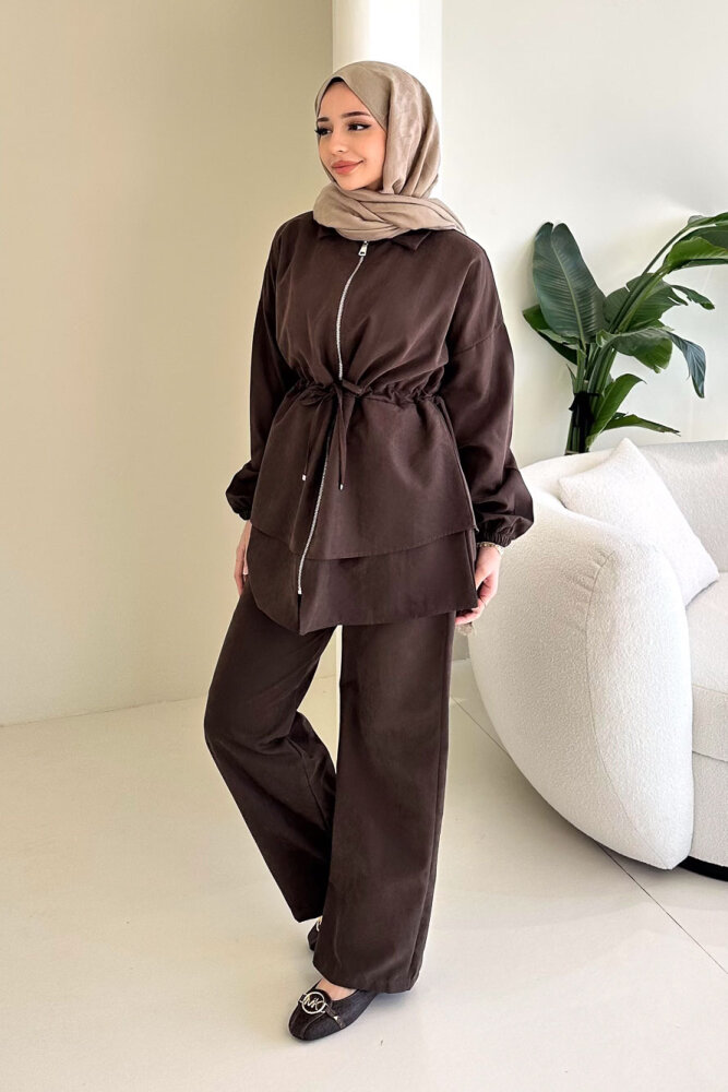 Fermuarlı Katlı Beli Büzgülü Pantolon Takım - Kahverengi - QUB (5)